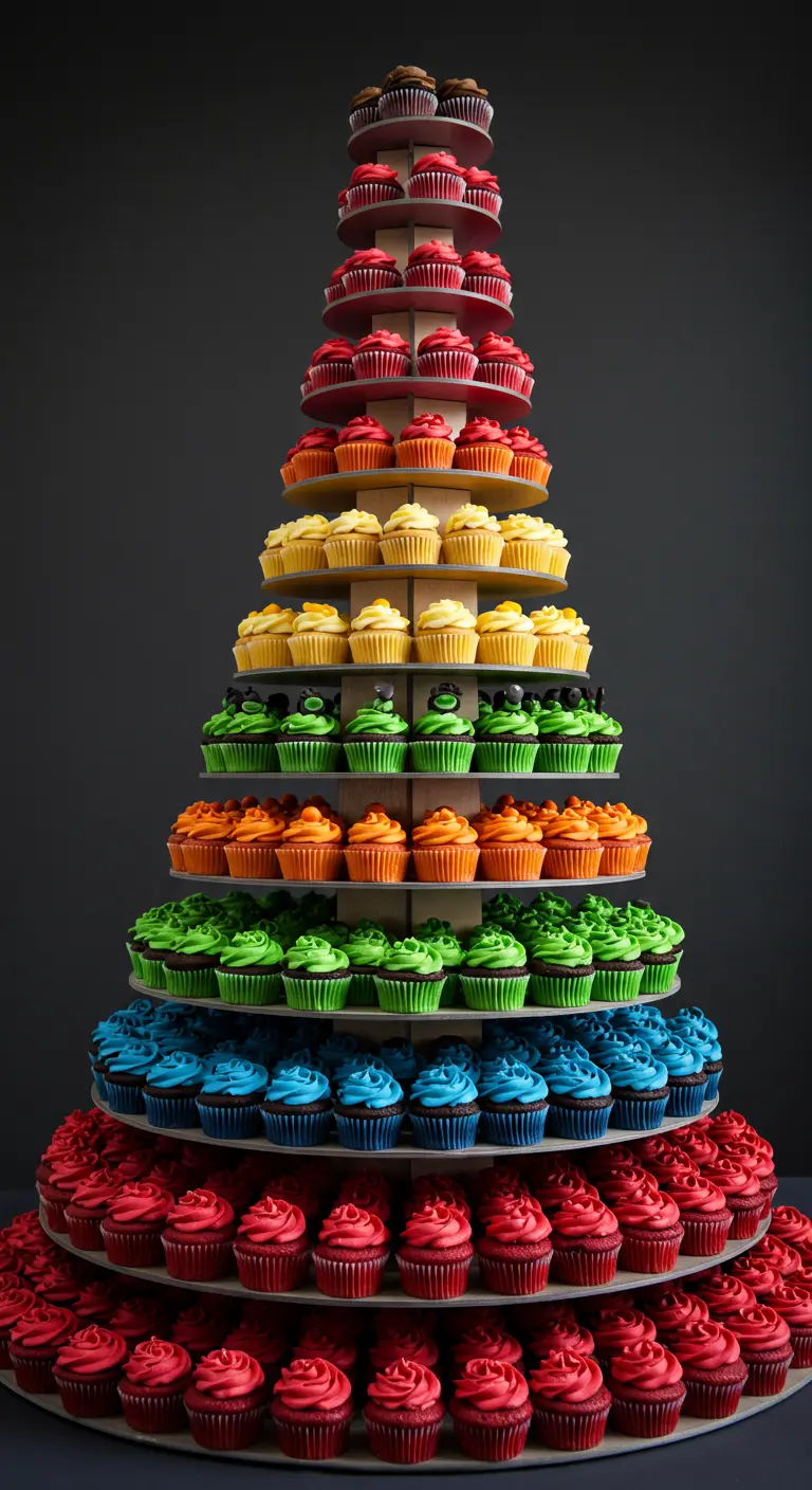 Torre gigante de cupcakes organizados por colores para formar un arcoíris.