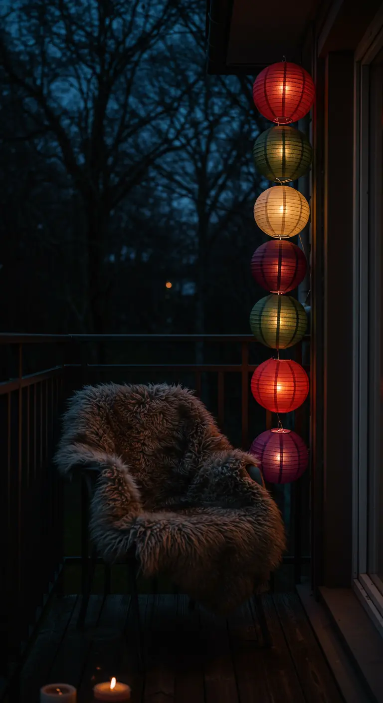 Balcón de noche con una silla de piel y una tira vertical de lámparas de papel de colores