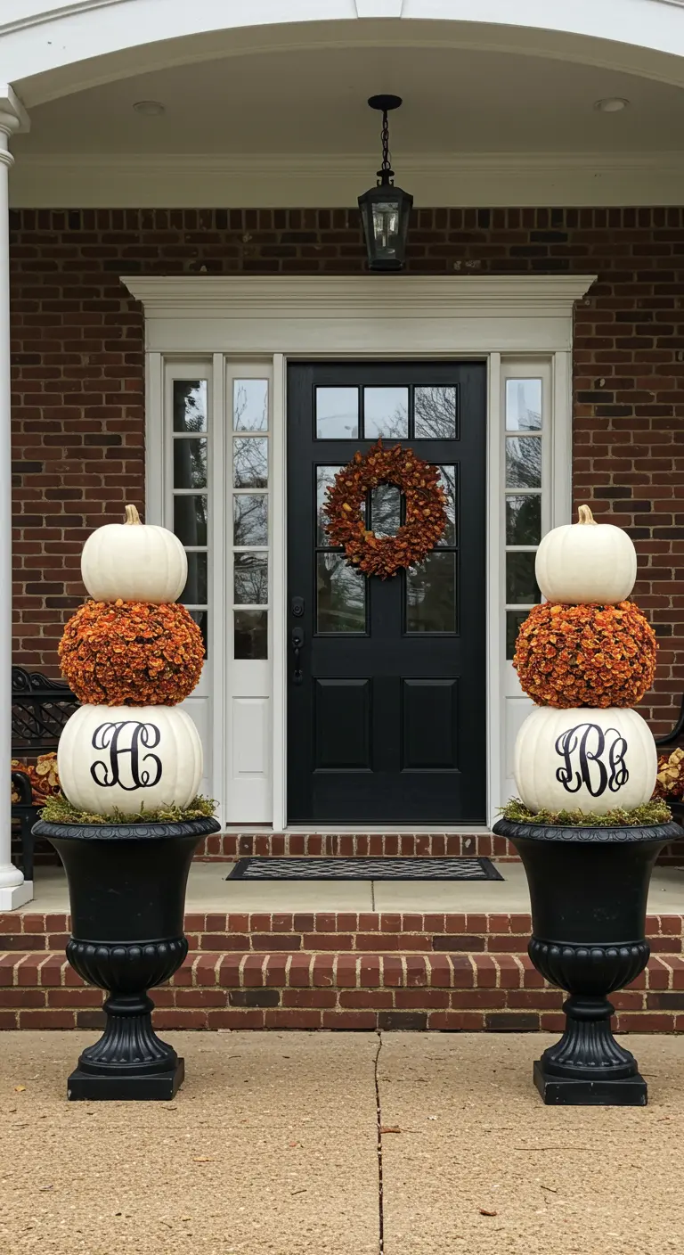 Dos urnas negras flanqueando una puerta, cada una con un tótem de calabazas blancas con monogramas.