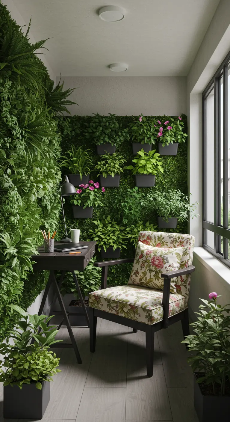 Balcón estrecho convertido en oficina con una pared completamente cubierta de plantas verdes