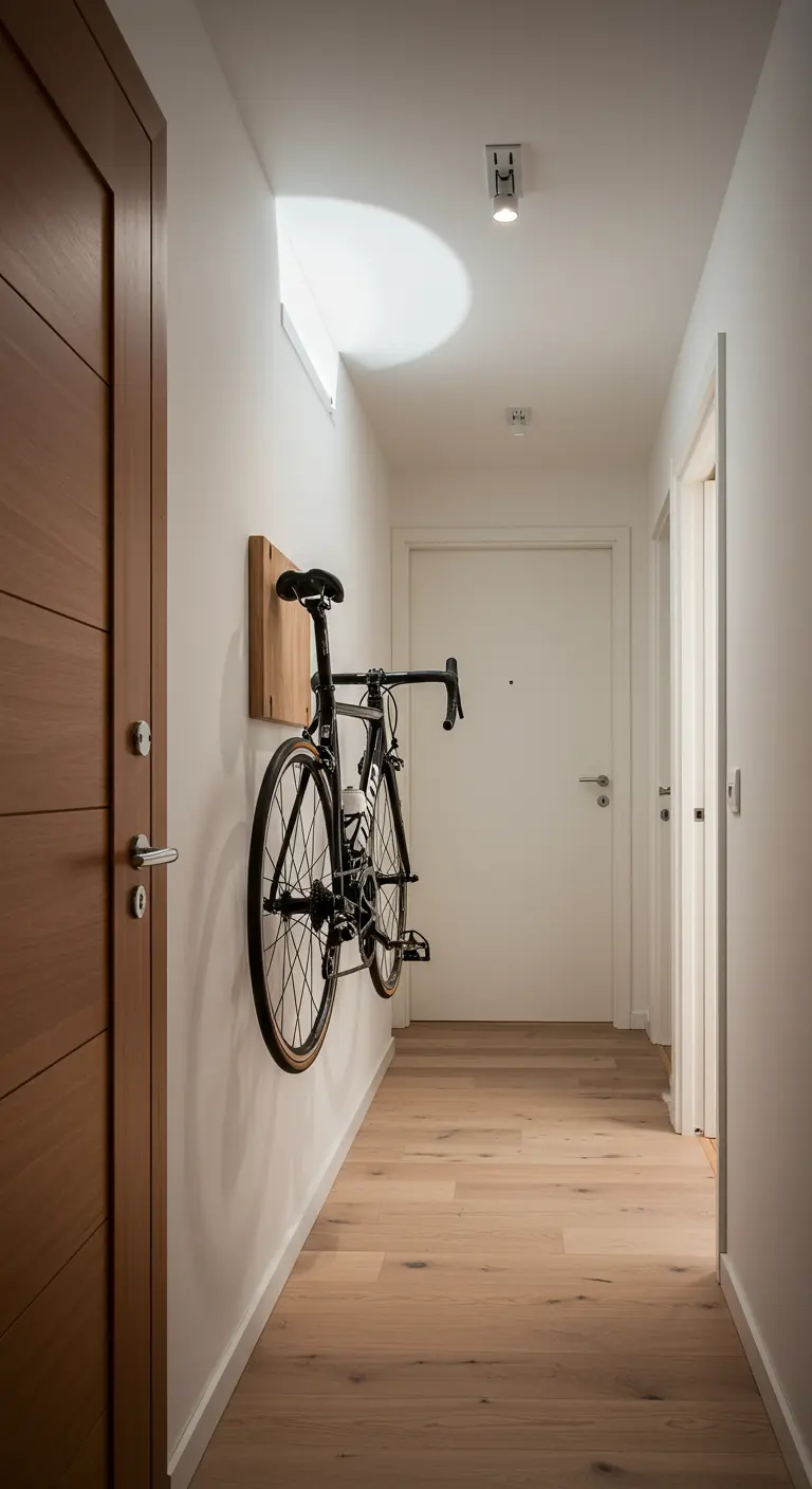 Bicicleta negra colgada verticalmente en la pared de un pasillo con un soporte de madera