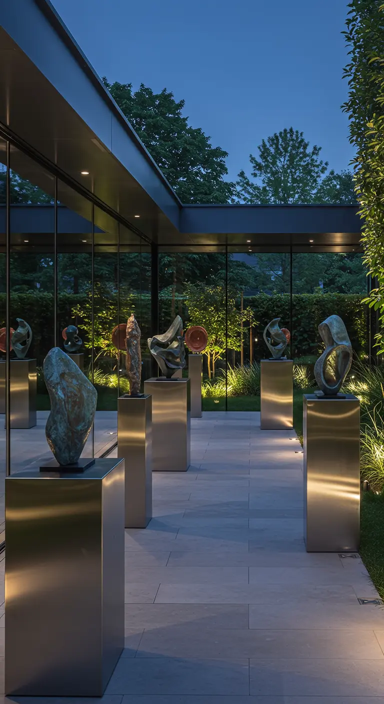 Galería de arte al aire libre por la noche, con esculturas en pedestales de acero iluminadas por focos.