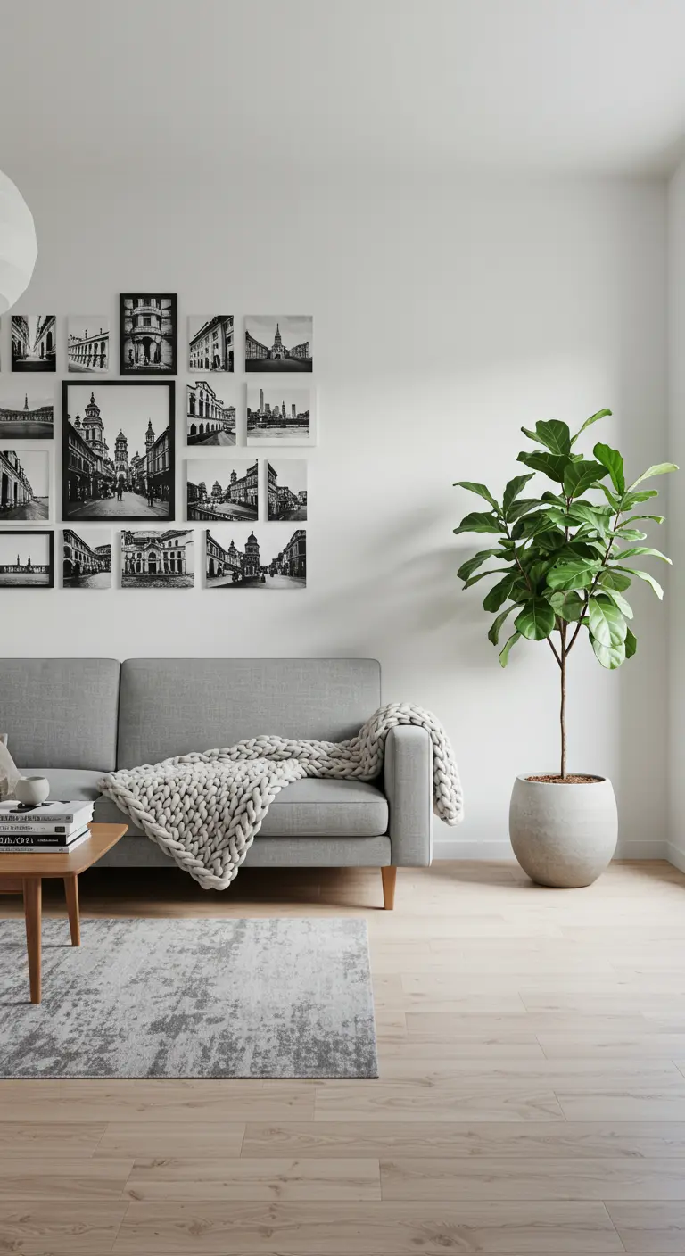 Pared de una sala de estar moderna con una composición de fotos de viajes en blanco y negro.