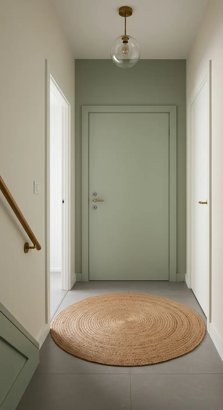 Pasillo con pared y puerta pintadas en verde salvia y una alfombra redonda de yute.