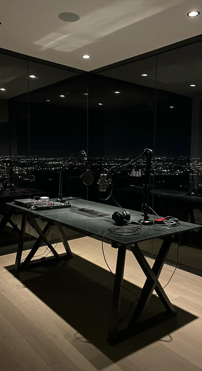 Estudio de podcast con pared de cristal y una espectacular vista nocturna de la ciudad de fondo.