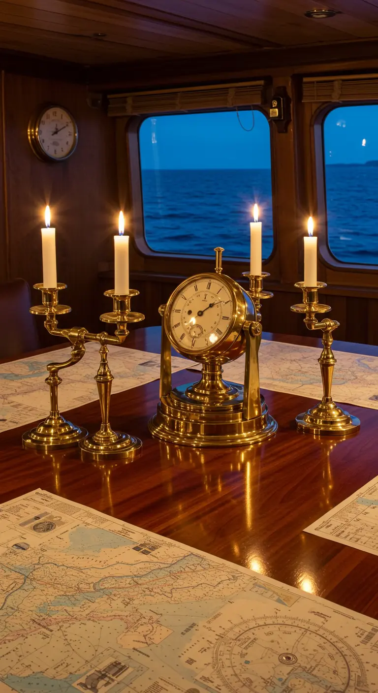 Mesa en el camarote de un barco con un cronómetro de latón y candelabros sobre cartas náuticas.