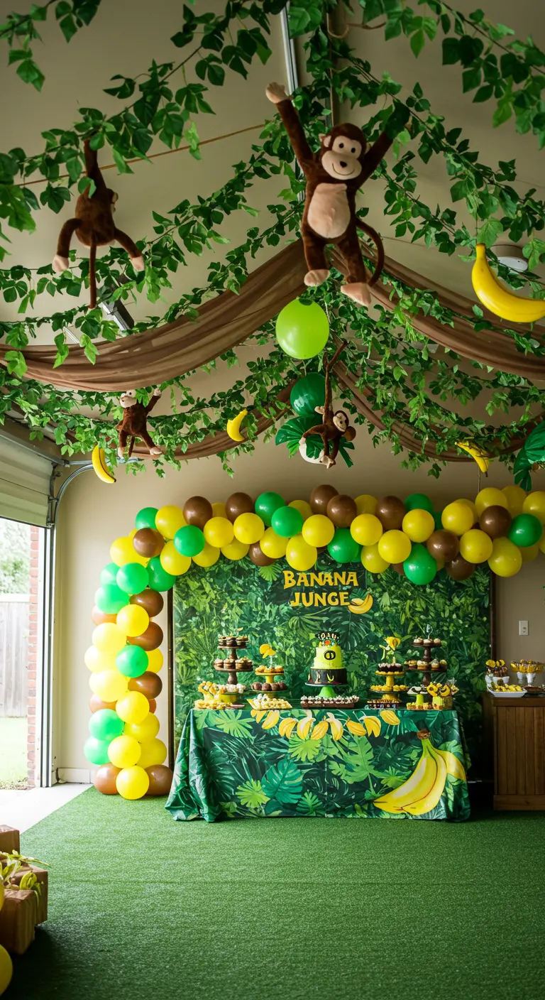 Decoración de jungla en un garaje con monos de peluche colgando, enredaderas y una mesa de dulces.
