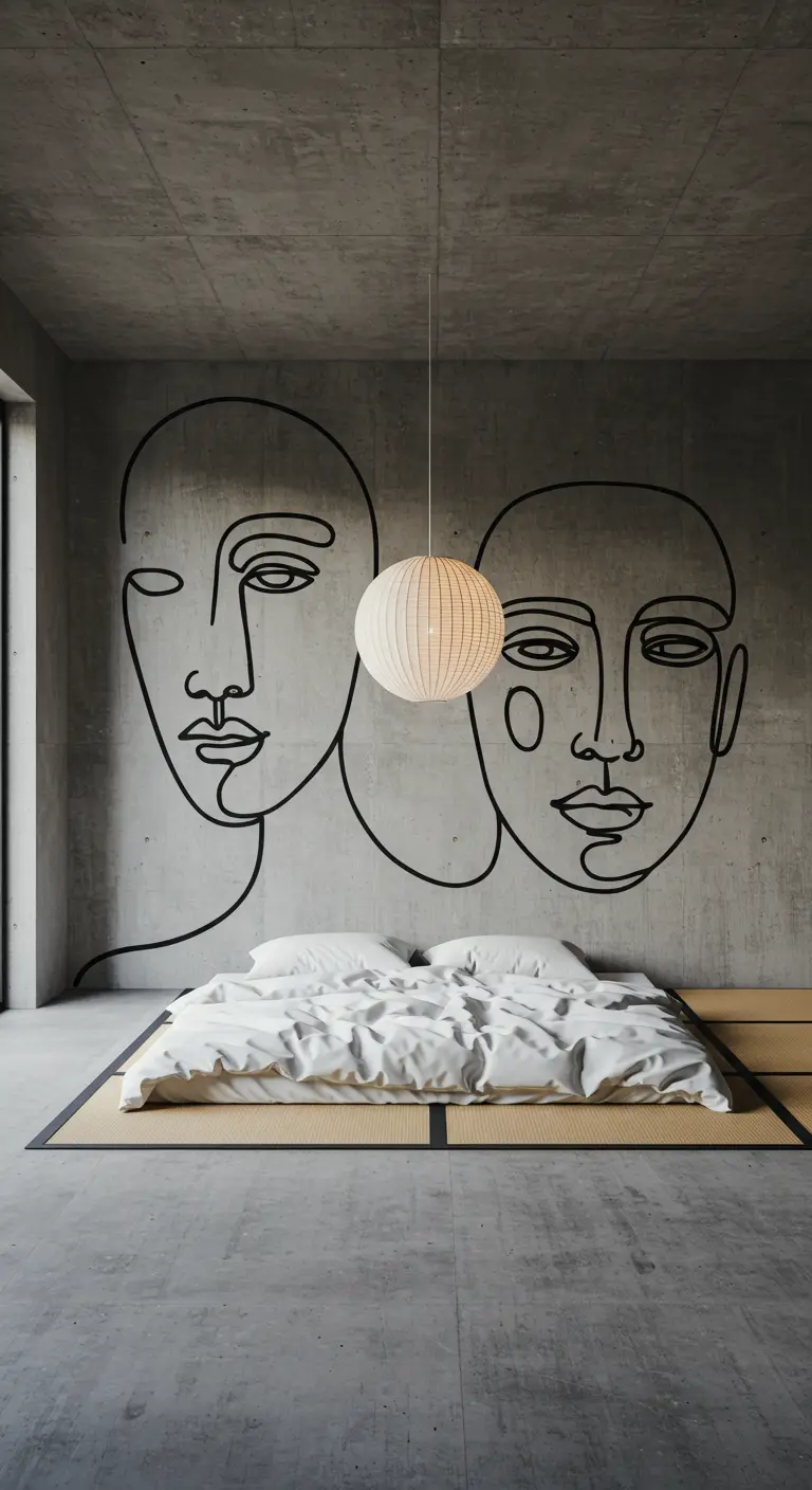 Mural de dos rostros dibujados con una sola línea negra sobre una pared de cemento pulido.