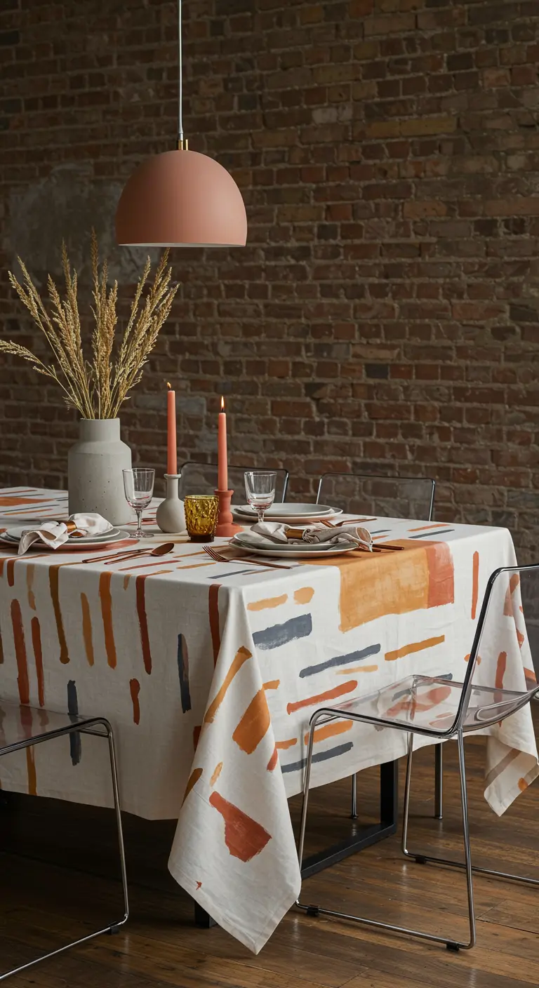Mantel con pinceladas abstractas en tonos tierra como el terracota, naranja y gris.