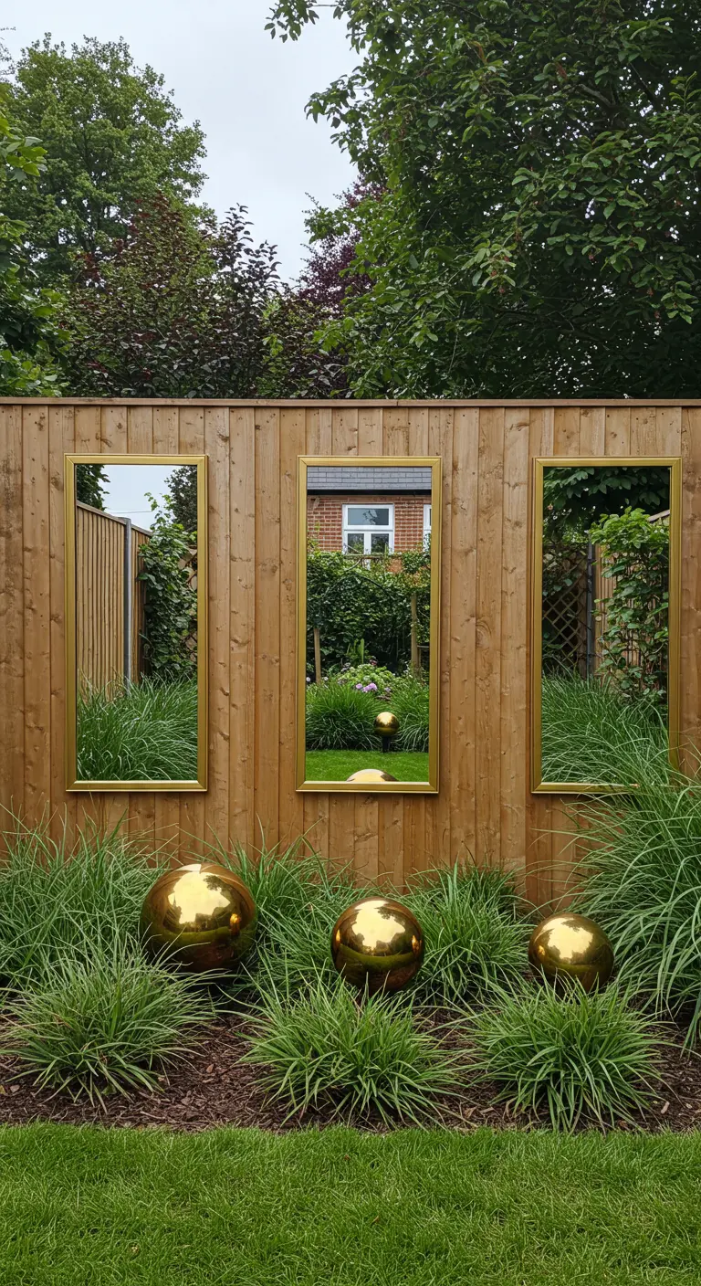 Valla de madera con tres espejos verticales con marco dorado y esferas doradas decorativas en la base.