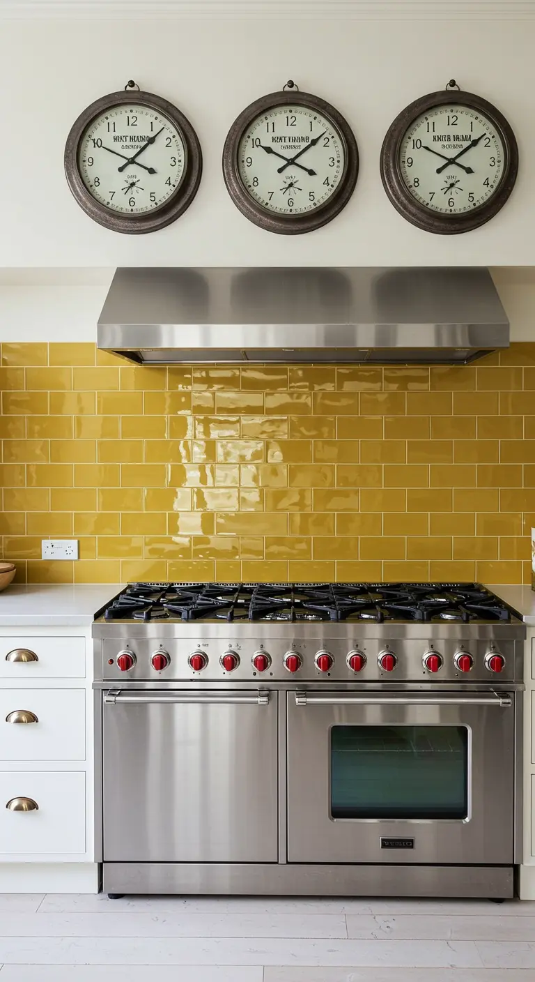Cocina con salpicadero de azulejos mostaza brillantes y tres relojes industriales redondos en la pared.