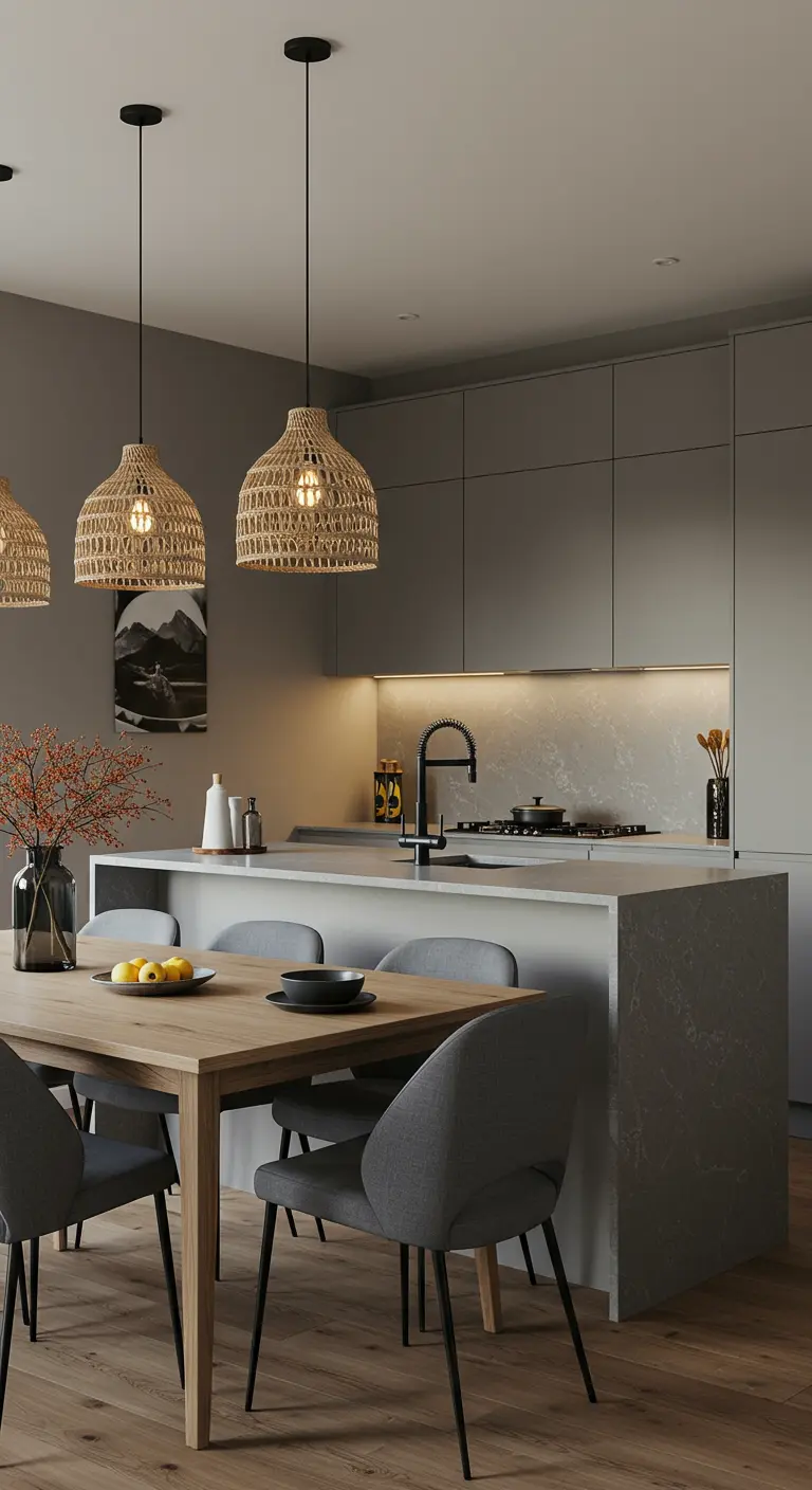 Cocina-comedor moderna con tres lámparas de mimbre sobre la mesa de comedor.