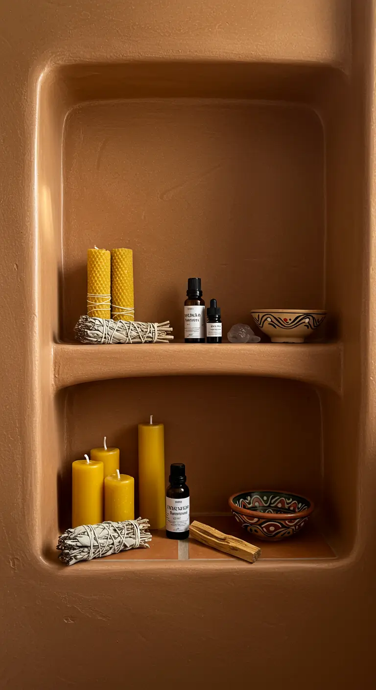 Nicho de terracota con velas de cera de abeja, atados de salvia y cuencos de cerámica.