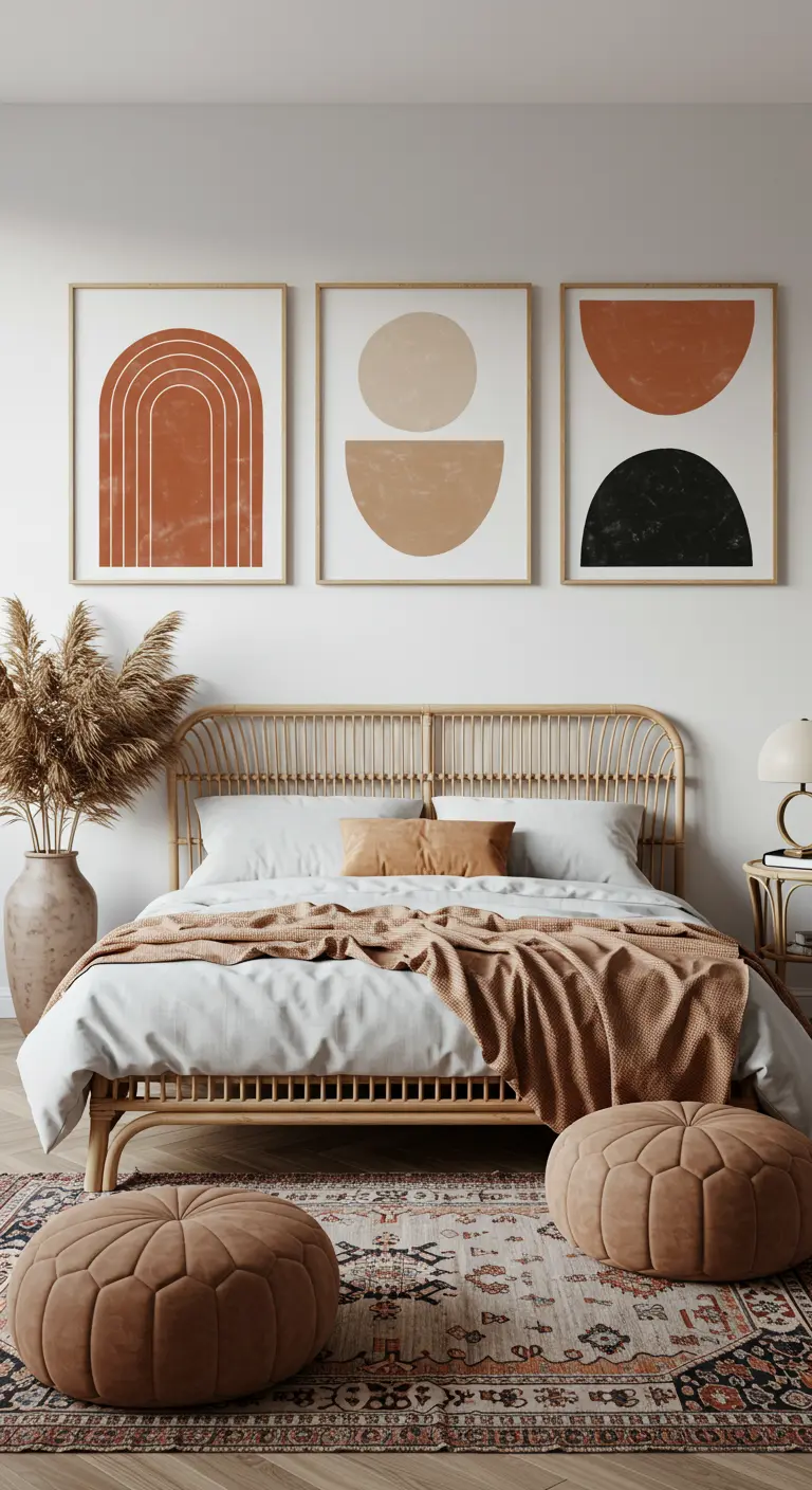 Tres cuadros con formas geométricas abstractas en tonos tierra colgados sobre una cama de ratán.