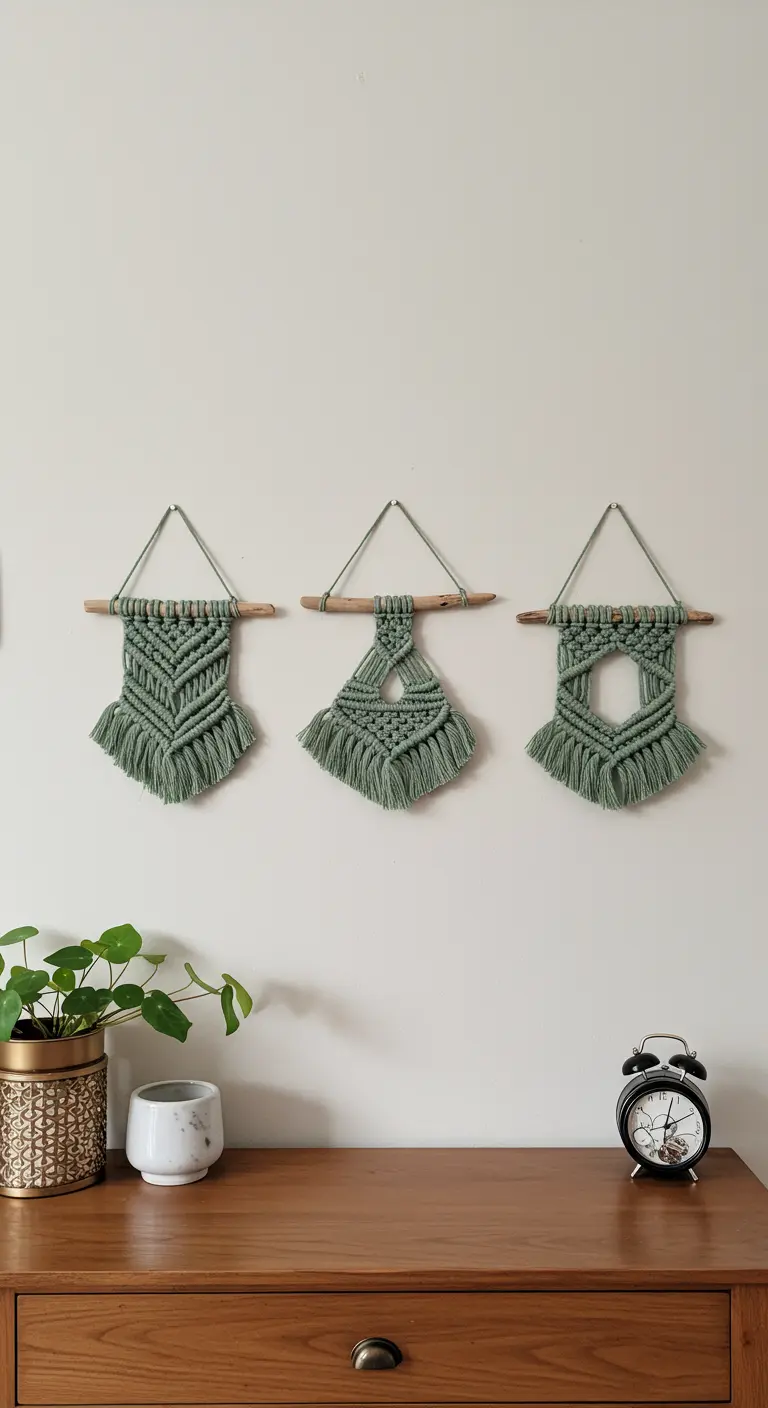 Trío de pequeños tapices de macramé en color verde salvia colgados sobre un mueble de madera.