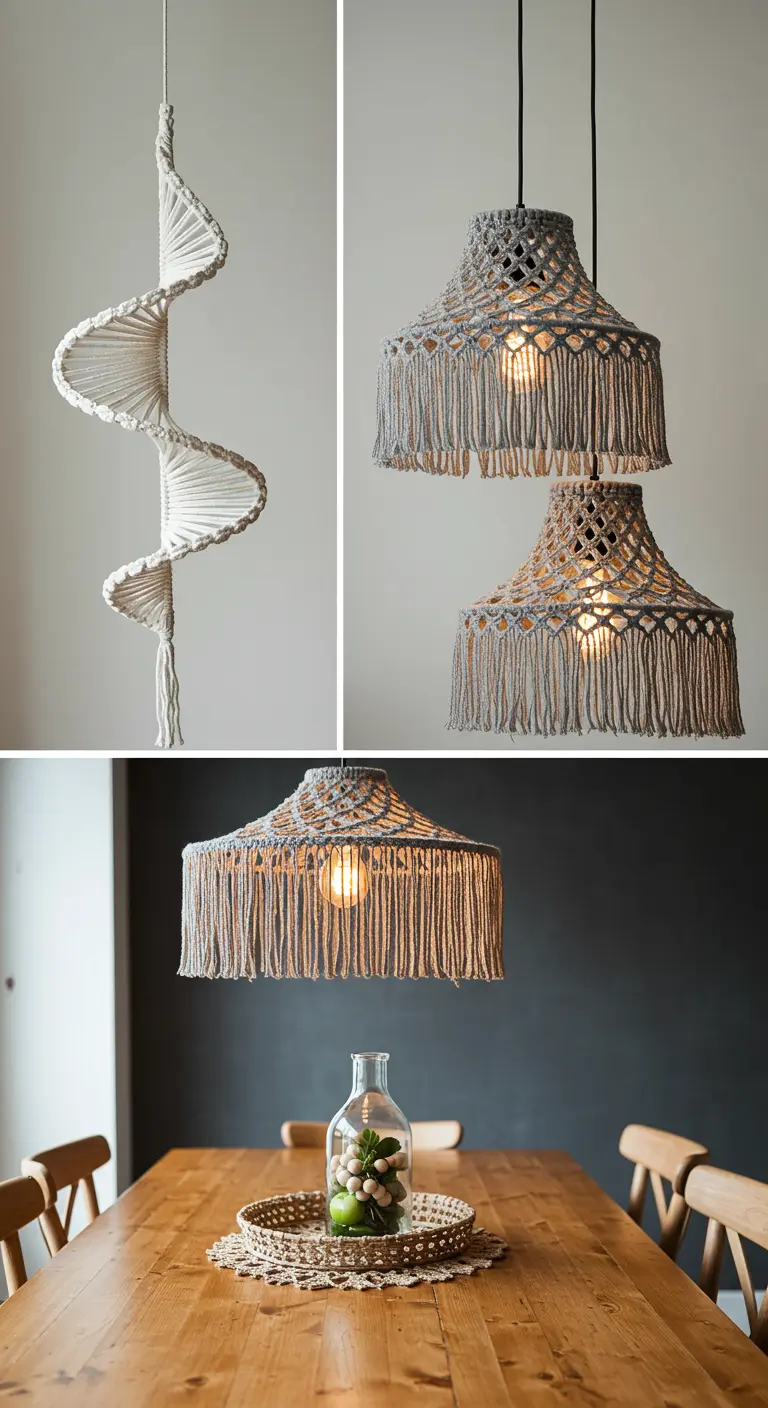 Collage de tres lámparas de macramé: una en espiral, una doble y una ancha.