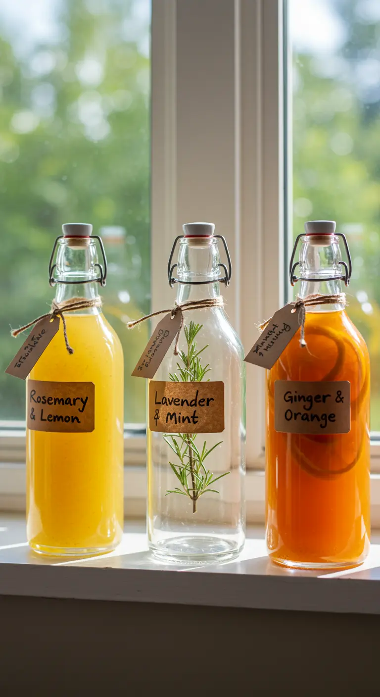 Tres botellas pequeñas con infusiones de agua de romero, lavanda y naranja, con etiquetas de papel.