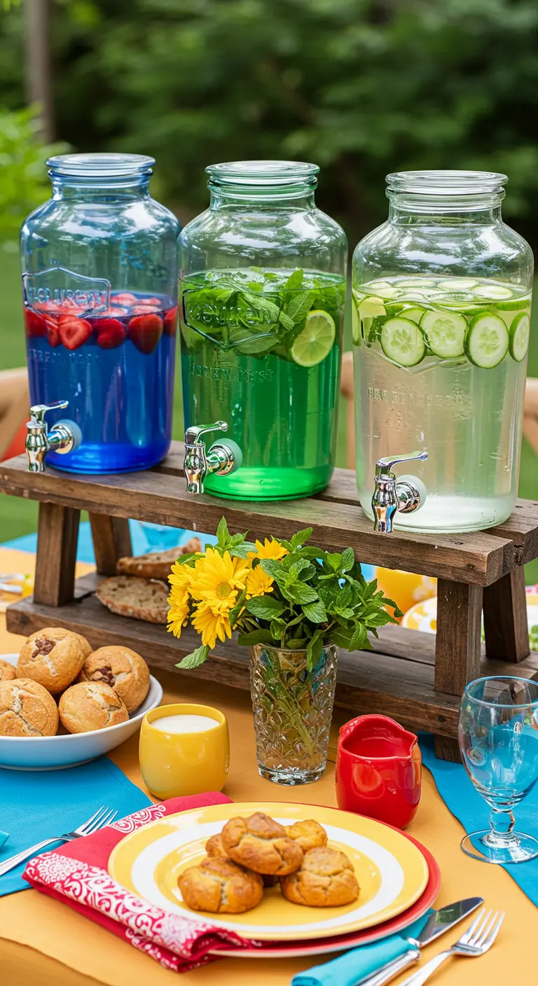 Tres dispensadores de vidrio de colores (azul, verde, transparente) con aguas de frutas.