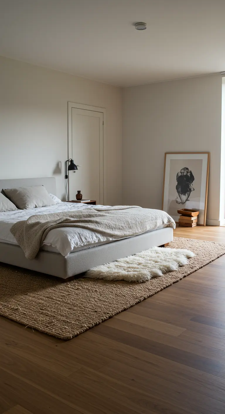 Cama con ropa de lino, alfombra de yute y una pequeña alfombra de piel de oveja.