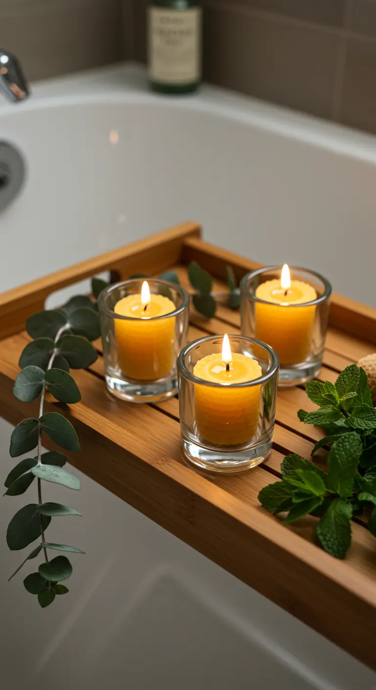 Tres pequeñas velas de cera de abeja en vasitos de cristal sobre una bandeja de madera en la bañera.