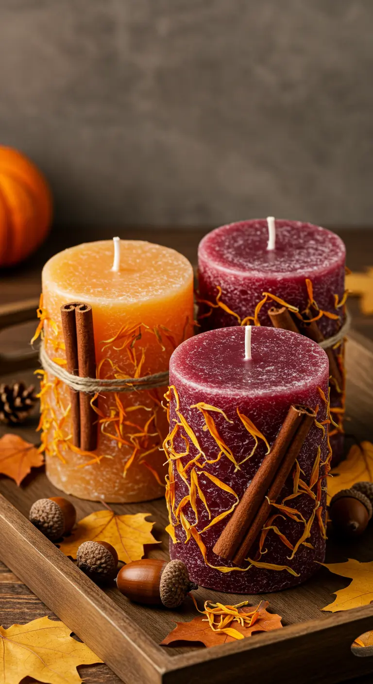 Tres velas de pilar en tonos otoñales decoradas con canela.