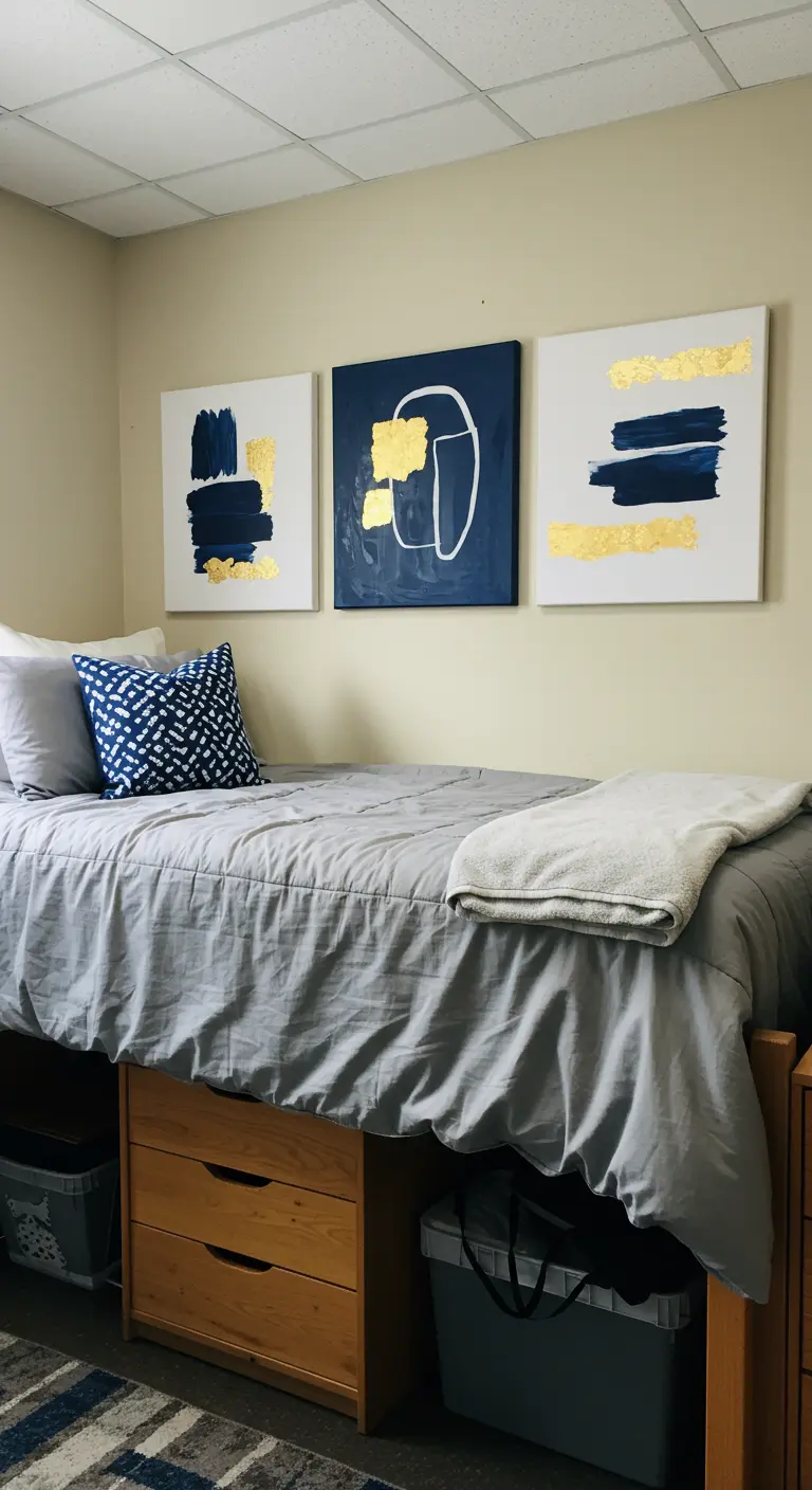 Tríptico de arte abstracto en azul marino y dorado colgado sobre una cama.