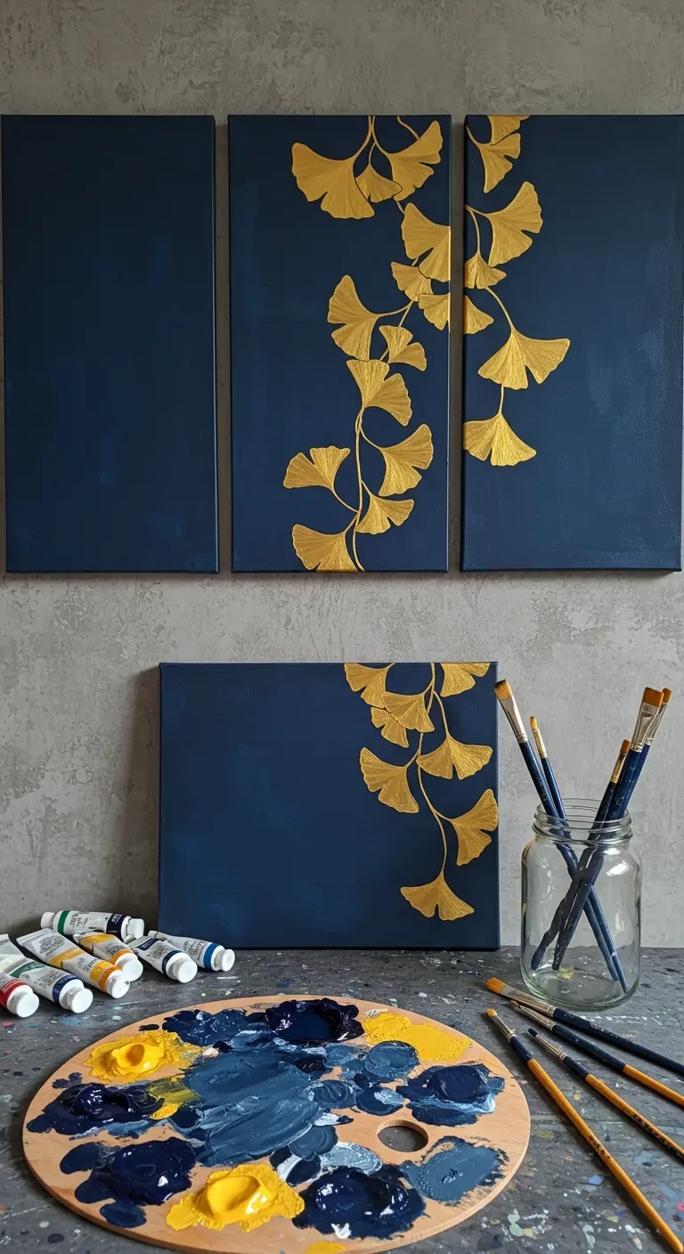 Tres lienzos azules con ramas de ginkgo doradas que fluyen entre ellos.