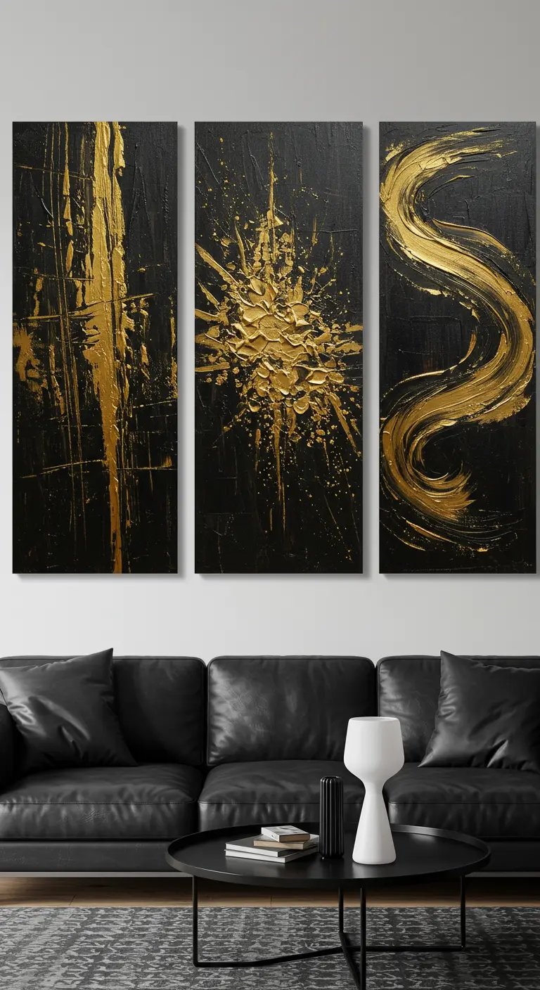 Tríptico abstracto en negro y dorado sobre un sofá de cuero.