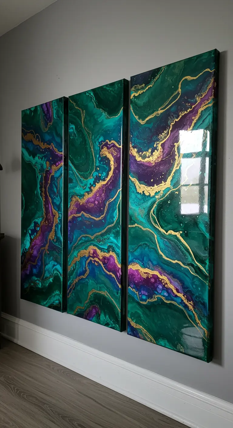 Tríptico de arte fluido en tonos esmeralda, morado y oro sobre una pared gris