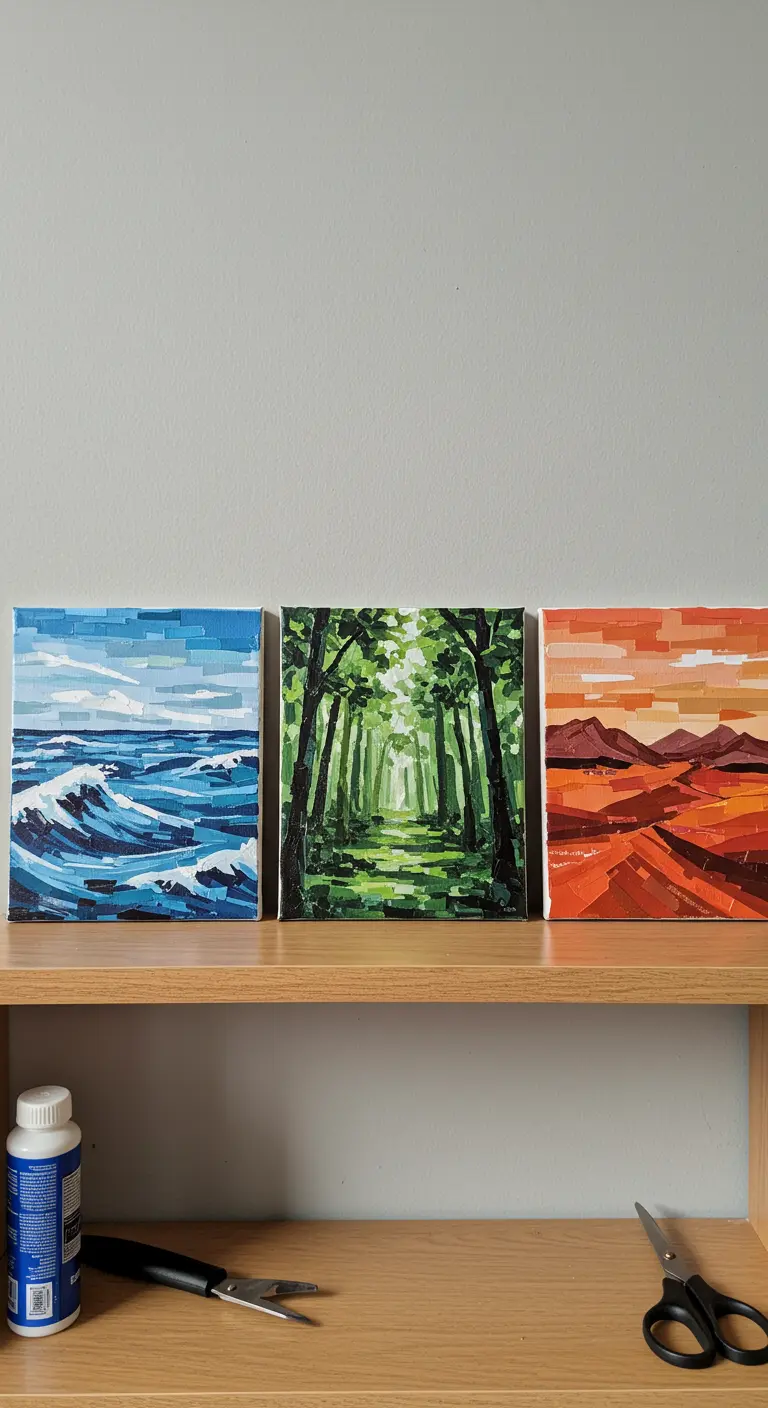 Tres pequeños lienzos con collages de paisajes: un océano, un bosque y un desierto.