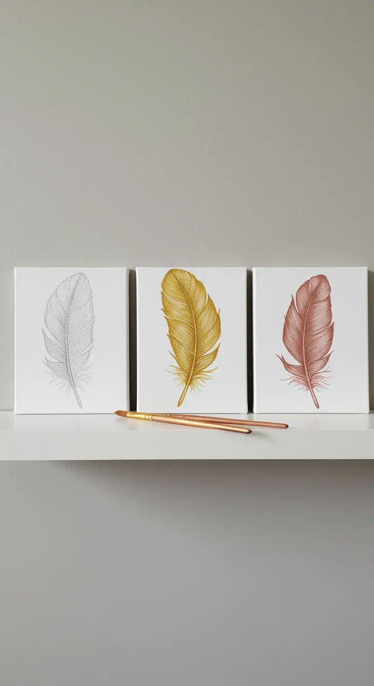 Tres lienzos pequeños, cada uno con una pluma detallada en plata, oro y cobre.