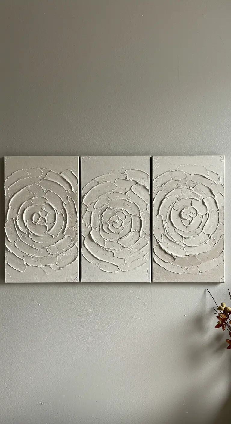 Tríptico de cuadros blancos con tres rosas en relieve hechas con pasta