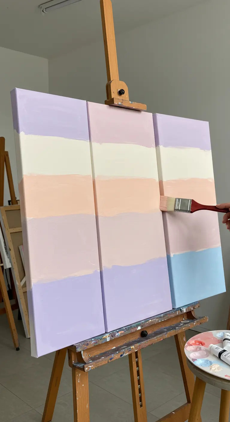 Mano pintando un tríptico con franjas de colores pastel sobre un caballete de madera.