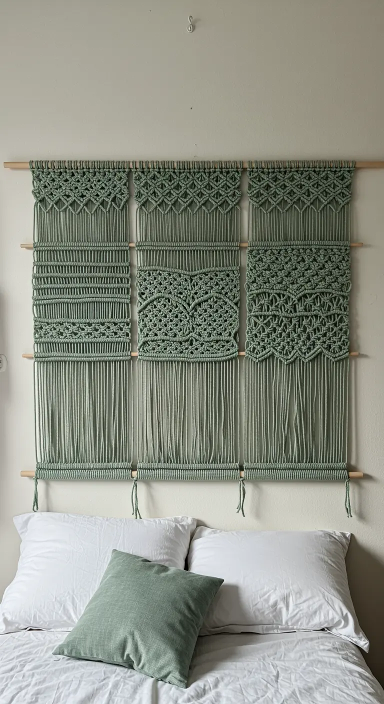 Cabecero de macramé en tres paneles verticales de color verde salvia con diferentes patrones.