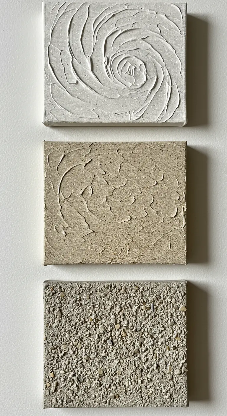 Tres lienzos pequeños colgados en vertical, cada uno con una textura diferente