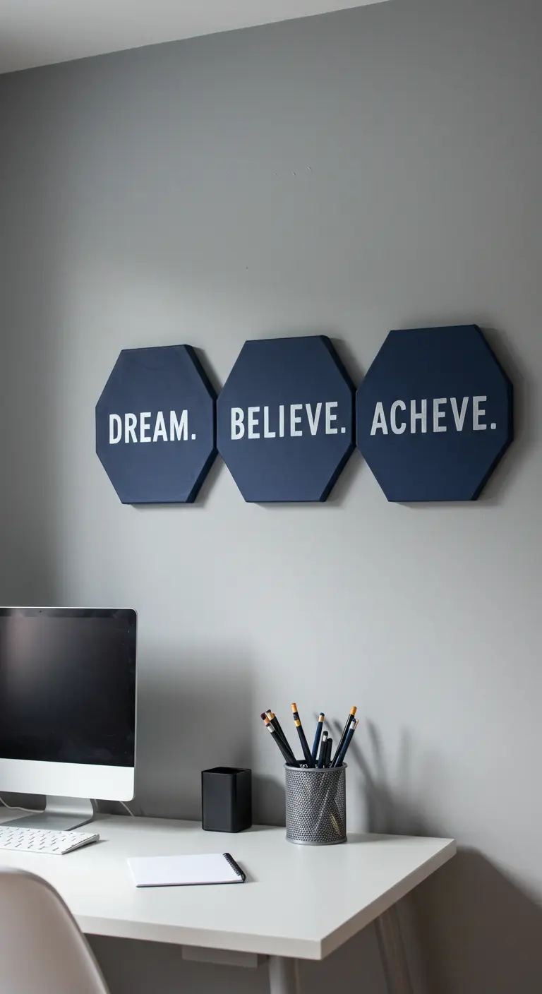 Tres lienzos hexagonales azul marino con las palabras 'Dream', 'Believe', 'Achieve' en blanco.