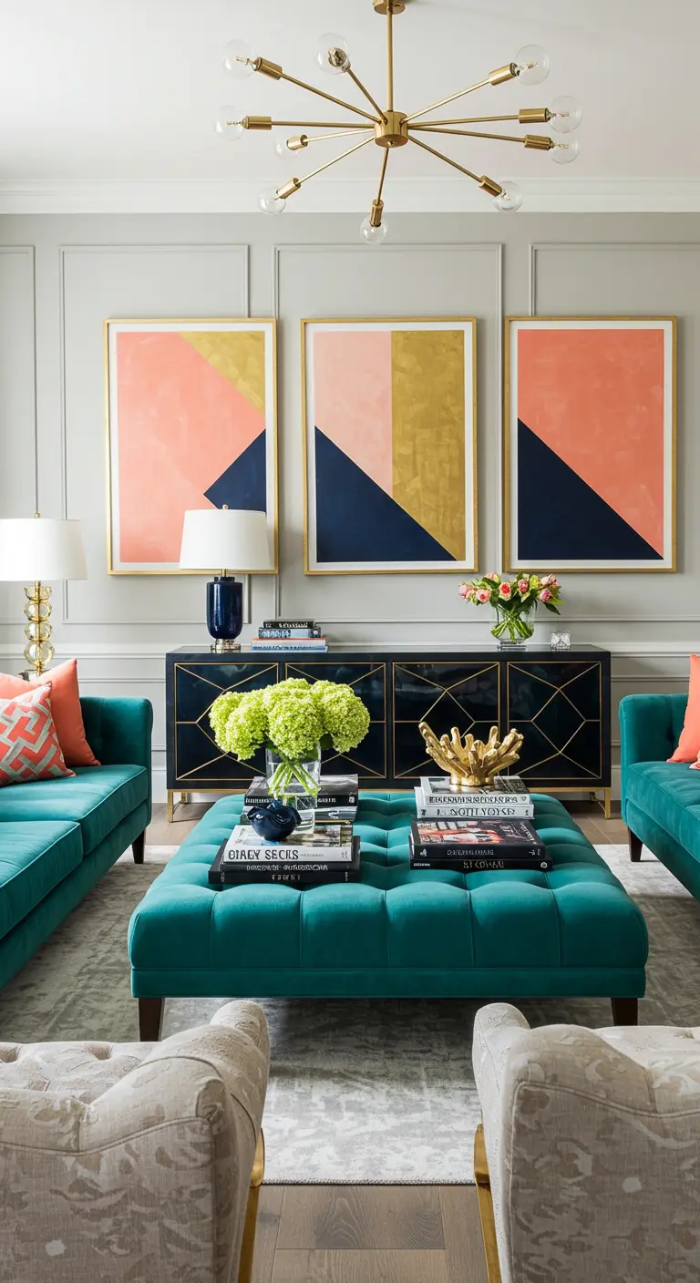 Sala con sofás turquesa y un tríptico de cuadros geométricos en coral, azul y dorado.