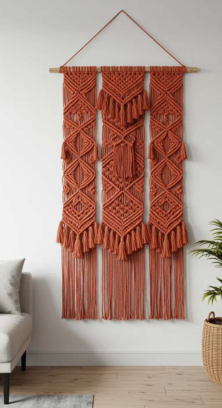 Tapiz de macramé de tres paneles en color terracota con patrones geométricos y borlas.