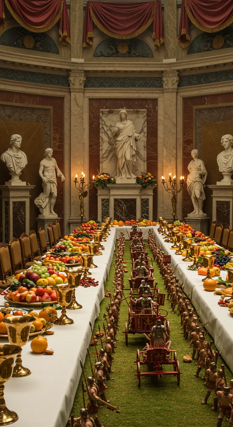 Larga mesa de banquete romano con dos filas de soldados en miniatura y cuencos de fruta.