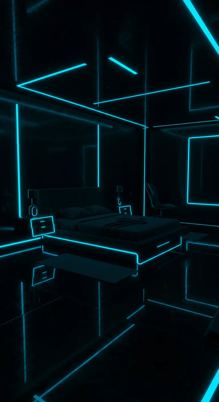 Dormitorio oscuro con líneas de luz azul neón que perfilan los muebles y las paredes.