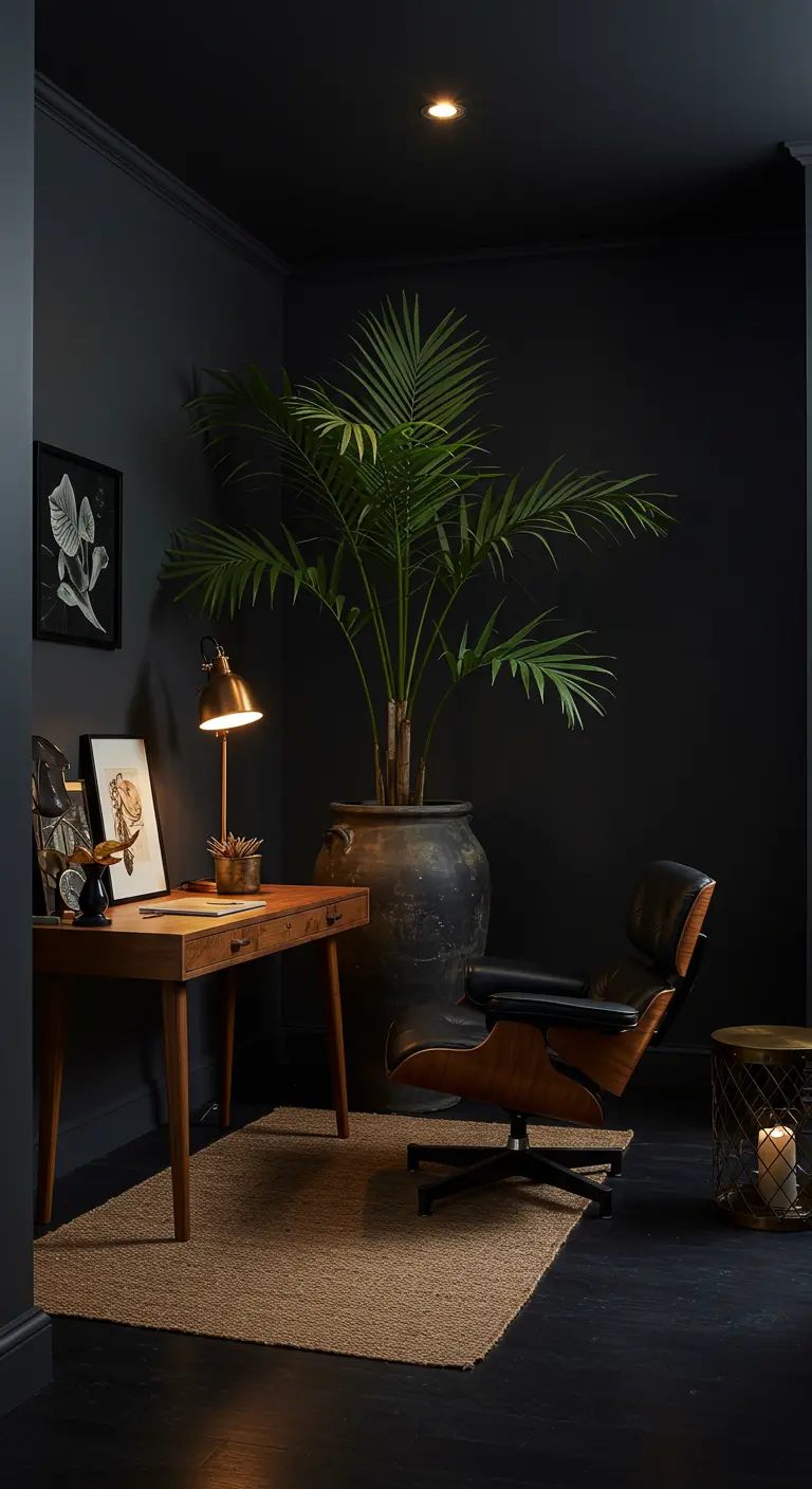 Oficina oscura y elegante con paredes negras, una gran palmera en maceta y una silla de cuero.