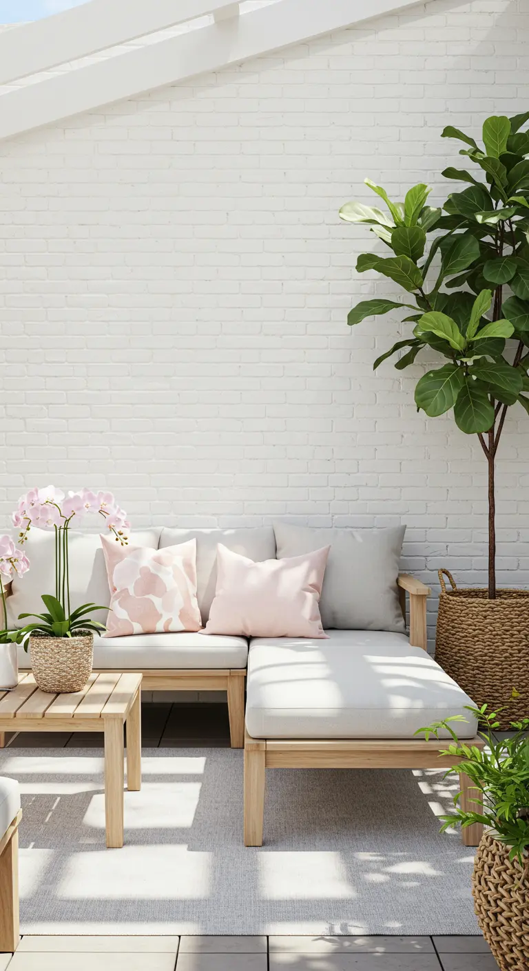 Porche acristalado con pared de ladrillo blanco, sofá de madera y cojines rosas.
