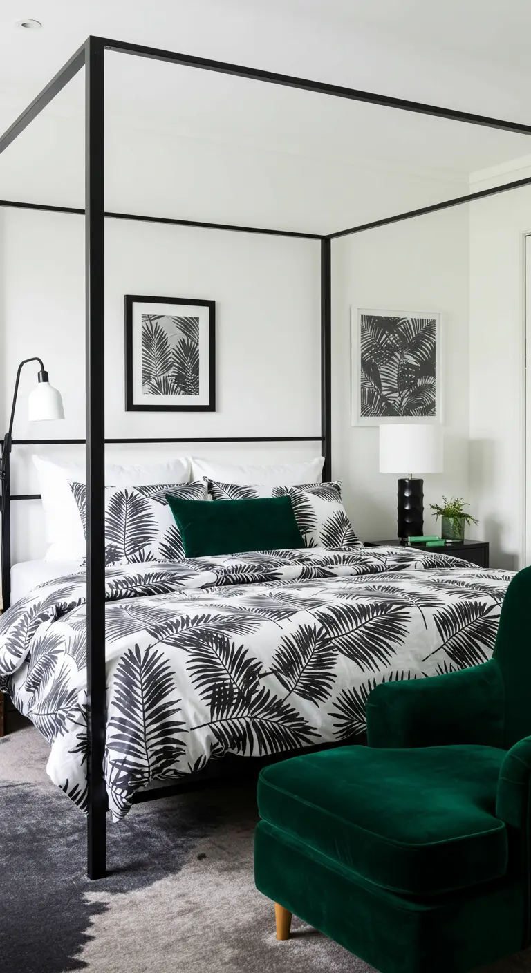 Dormitorio moderno con cama con dosel negra y ropa de cama con estampado de palmeras.