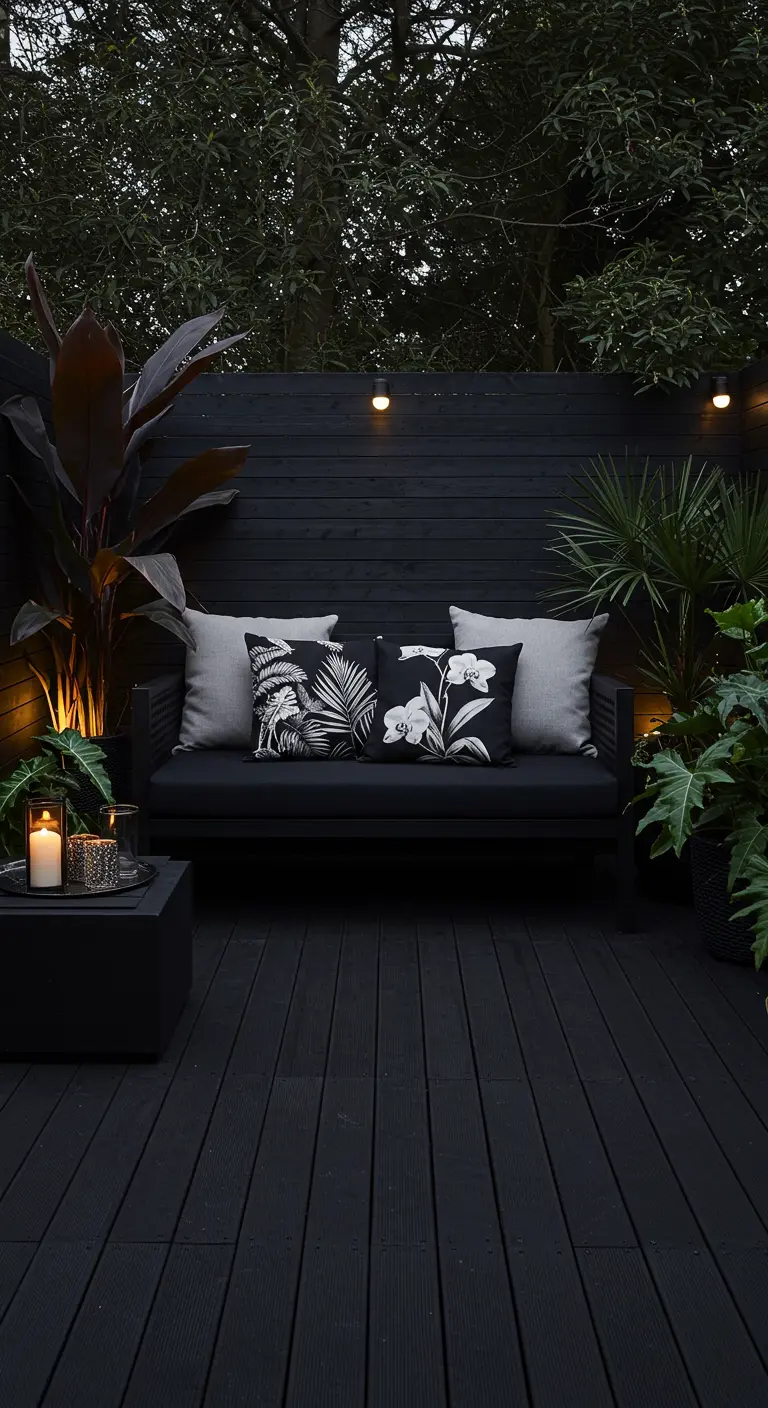 Patio oscuro con muebles y valla negros, iluminado con luz cálida y cojines florales.
