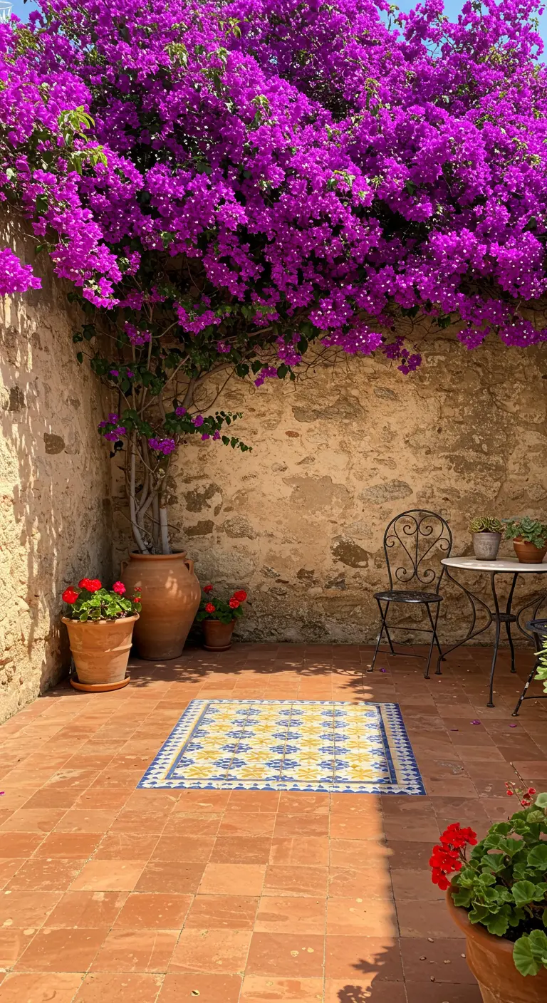Patio de terracota con una alfombra de azulejos amarillos y azules bajo una buganvilla morada.
