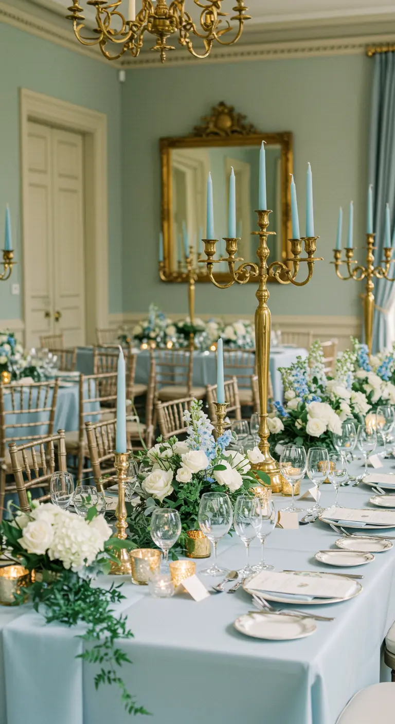 Mesa de boda con mantel azul claro, candelabros dorados y velas azules a juego.