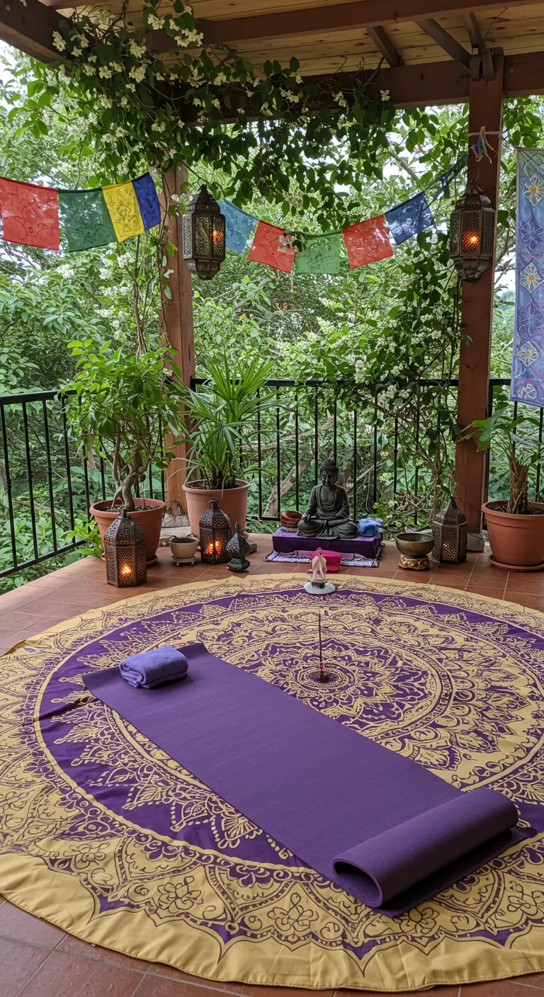 Balcón espiritual con tapiz de mandala, banderolas tibetanas y un pequeño altar.