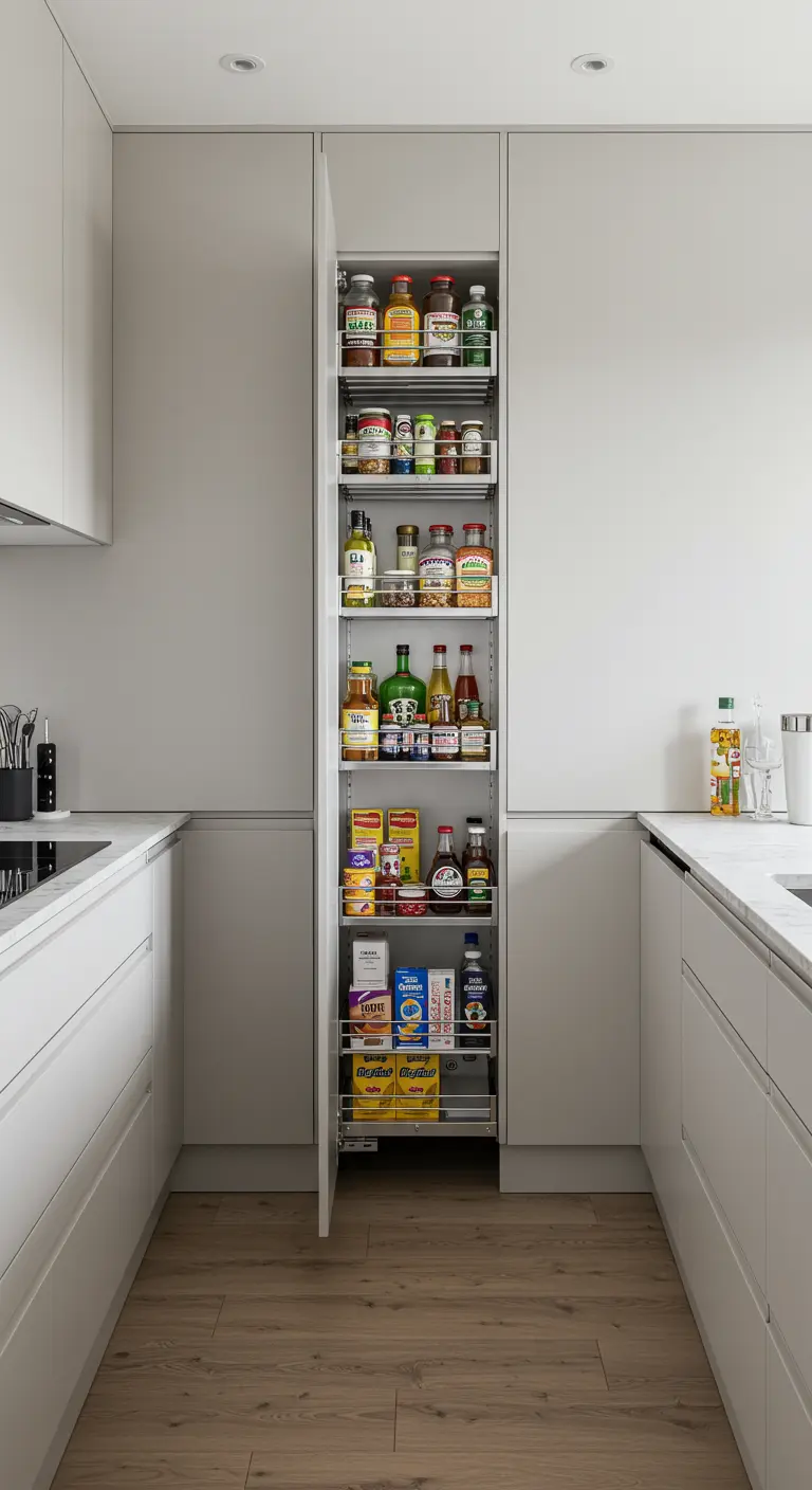 Despensa extraíble alta y estrecha abierta en una cocina minimalista, llena de productos