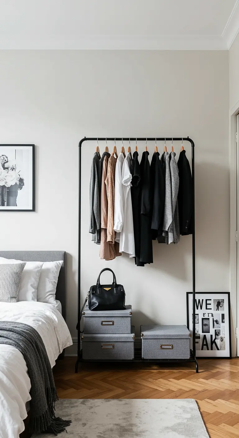 Perchero burro de metal negro con ropa organizada, cajas de almacenaje grises y cuadros apoyados.