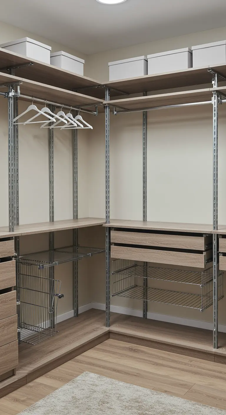 Sistema de armario abierto con cremalleras metálicas, baldas y cajones de madera clara.